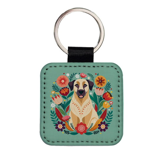 Anatolian Shepherd Dog Floral Flowers Square Faux Leather Keychain