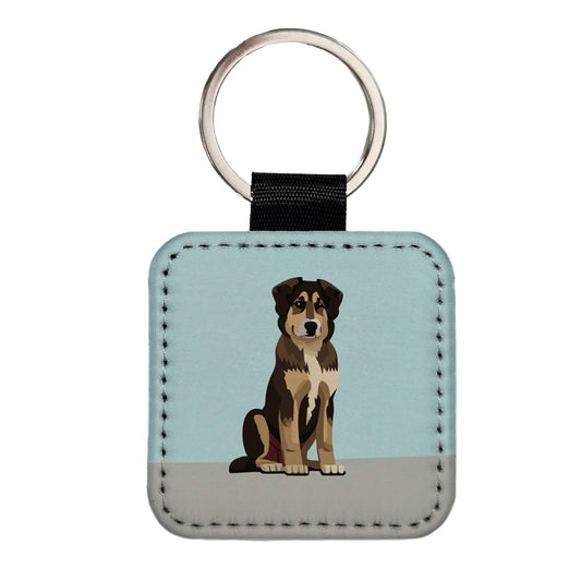 Anatolian Shepherd Dog Sitting Square Faux Leather Keychain