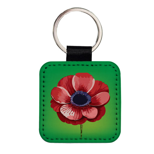 Anemone Flower Watercolor Red Square Faux Leather Keychain