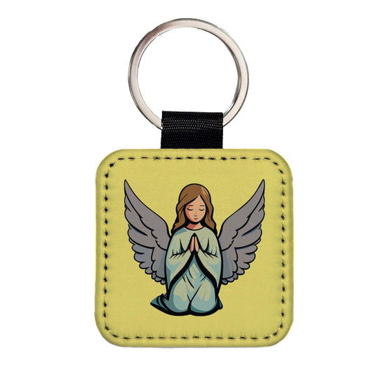 Angel Praying Christian Square Faux Leather Keychain