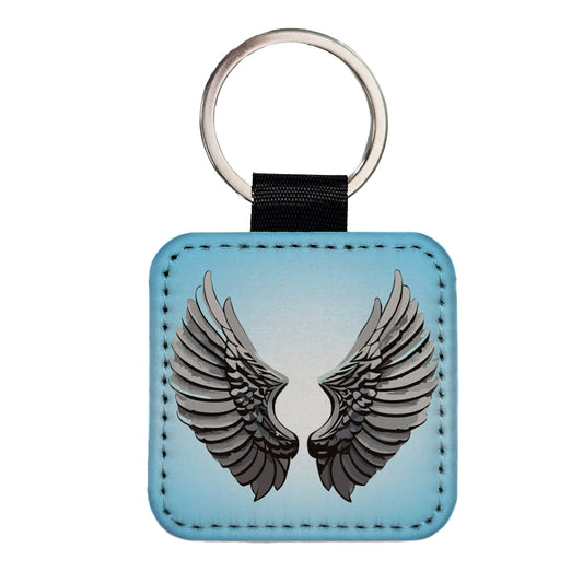 Angel Wings Pair Square Faux Leather Keychain