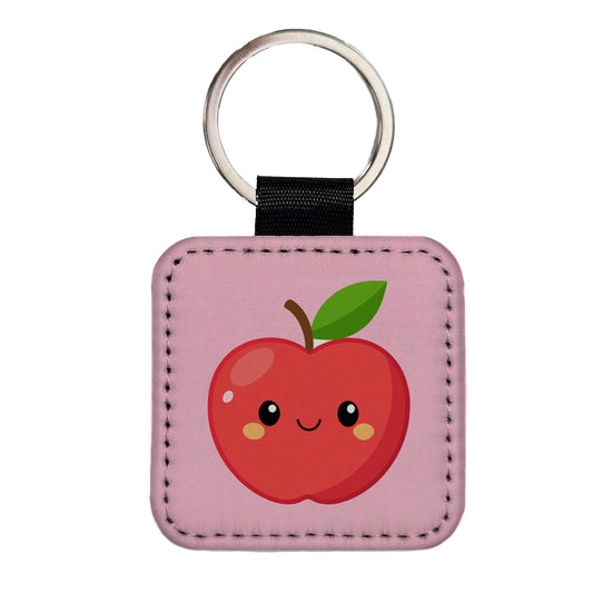 Apple Cute Happy Fruit Teacher Square Faux Leather Keychain