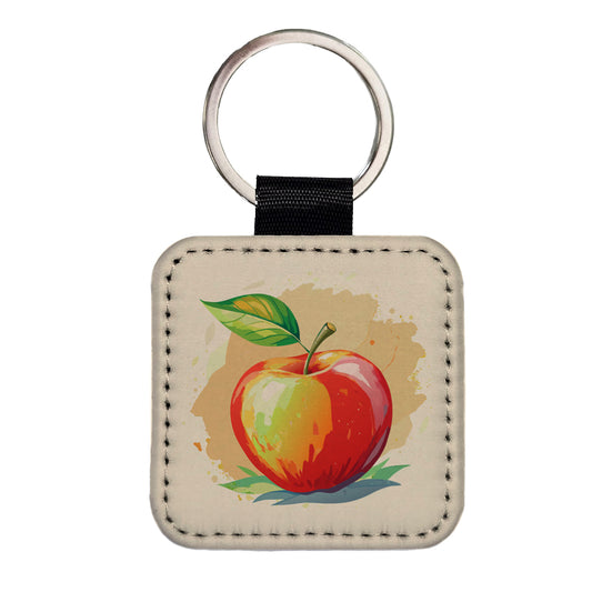 Apple Watercolor Teacher Square Faux Leather Keychain