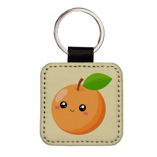 Apricot Cute Happy Fruit Square Faux Leather Keychain