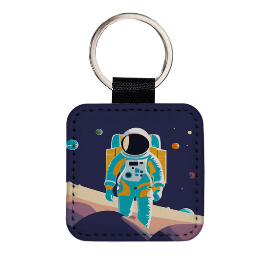 Astronaut in Outer Space Planets Science Fiction Square Faux Leather Keychain