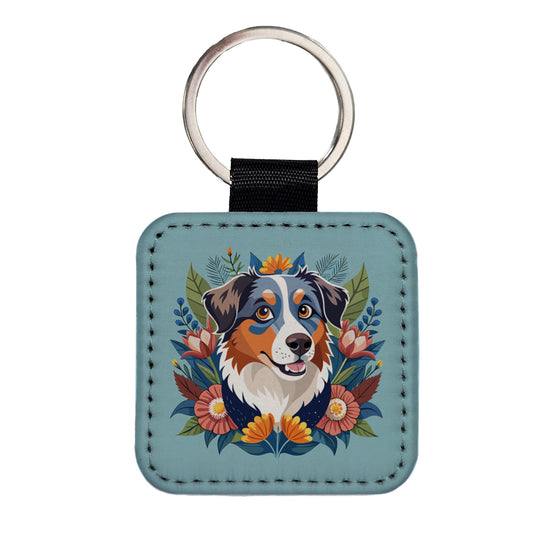 Australian Shepherd Dog Floral Flowers Square Faux Leather Keychain