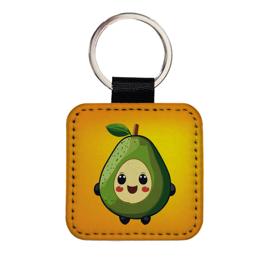 Avocado Smiling Funny Square Faux Leather Keychain