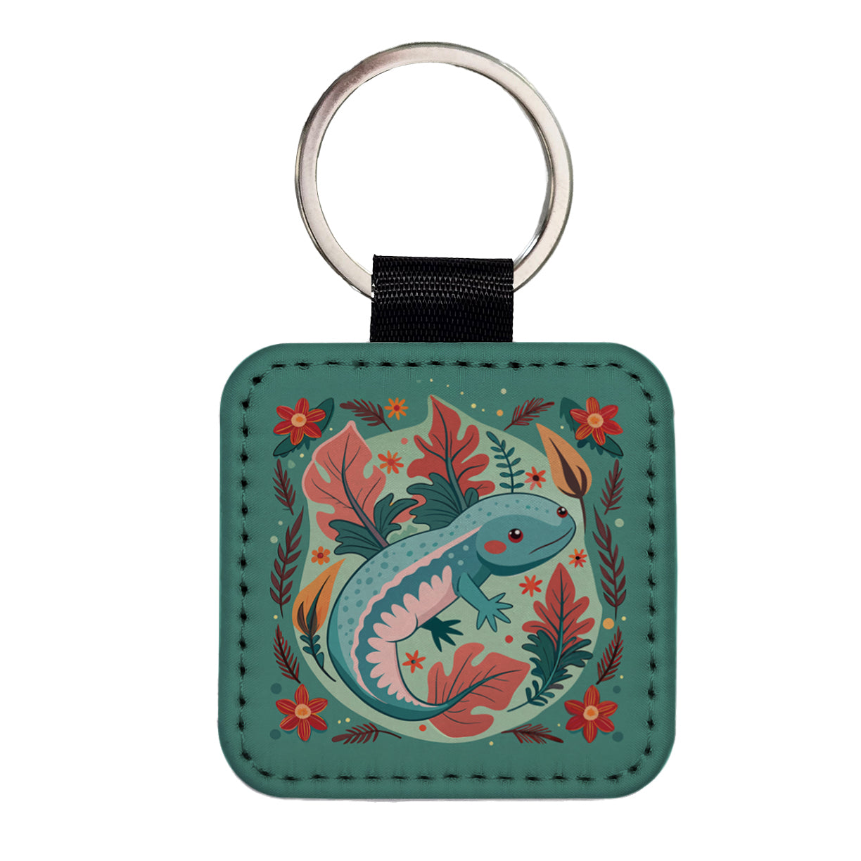 Axolotl Floral Motif Square Faux Leather Keychain