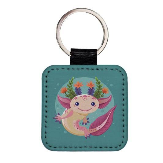 Axolotl Head Floral Flowers Square Faux Leather Keychain