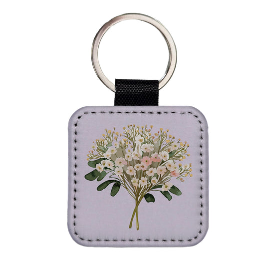 Baby's Breath Flowers White Square Faux Leather Keychain