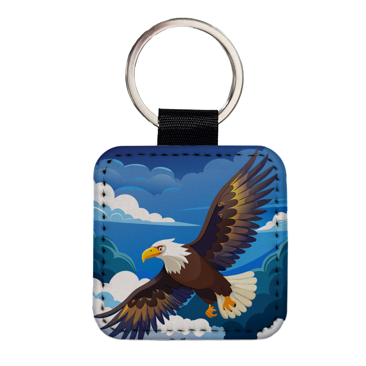 Bald Eagle Flying Square Faux Leather Keychain
