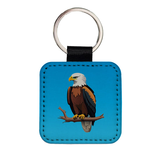Bald Eagle on Branch Square Faux Leather Keychain