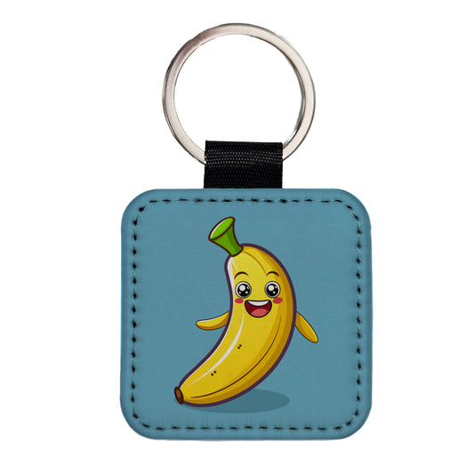 Banana Happy Fruit Square Faux Leather Keychain