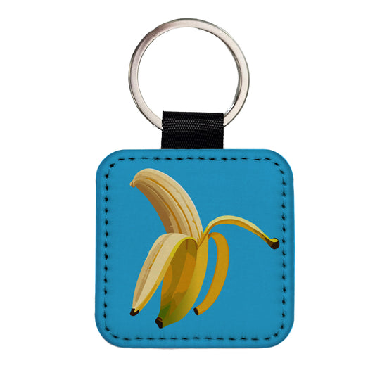 Banana Peeled Fruit Square Faux Leather Keychain
