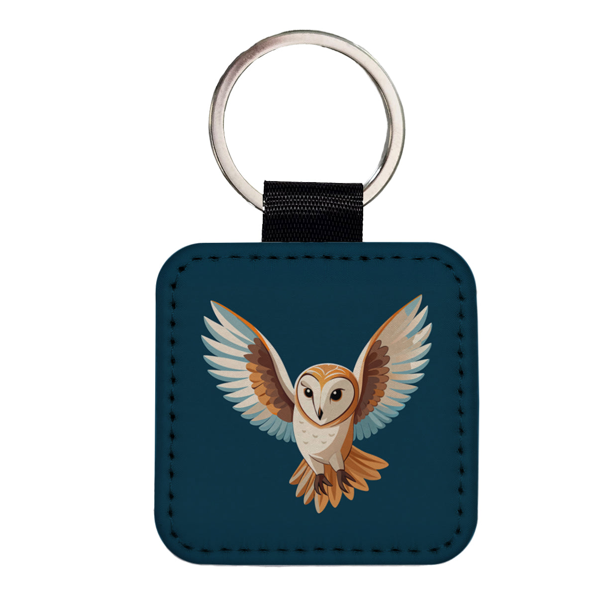 Barn Owl Bird Flying Square Faux Leather Keychain