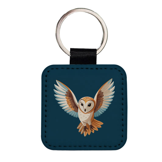 Barn Owl Bird Flying Square Faux Leather Keychain