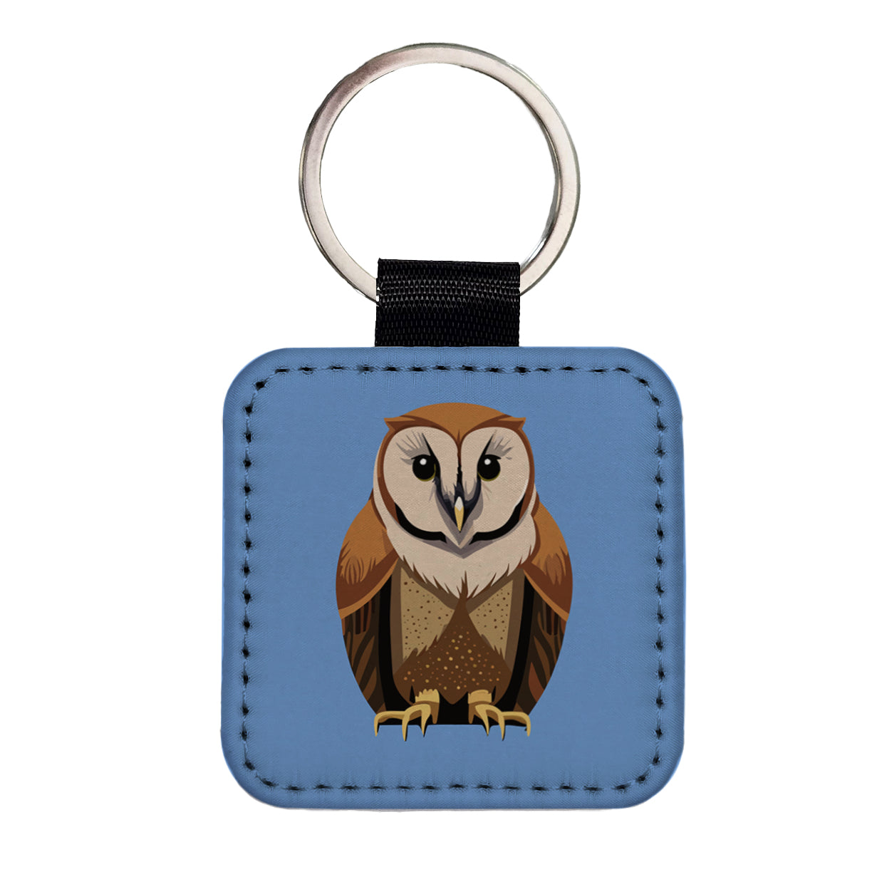 Barn Owl Staring Square Faux Leather Keychain