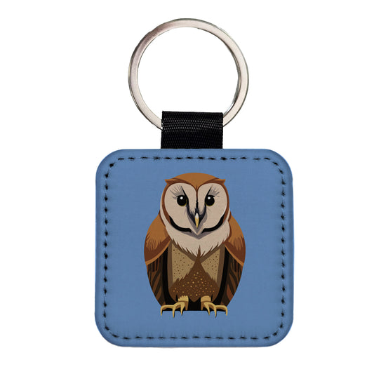 Barn Owl Staring Square Faux Leather Keychain