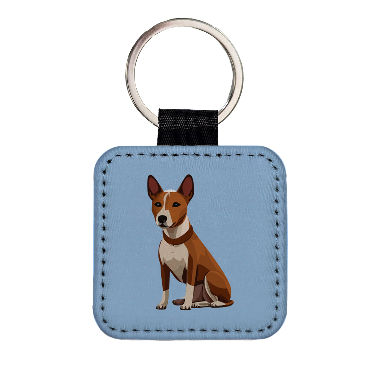 Basenji Dog Sitting Square Faux Leather Keychain