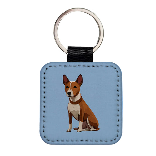 Basenji Dog Sitting Square Faux Leather Keychain