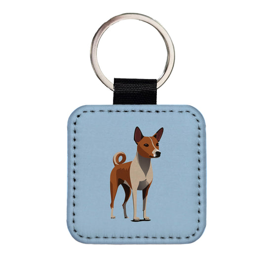 Basenji Dog Standing Square Faux Leather Keychain