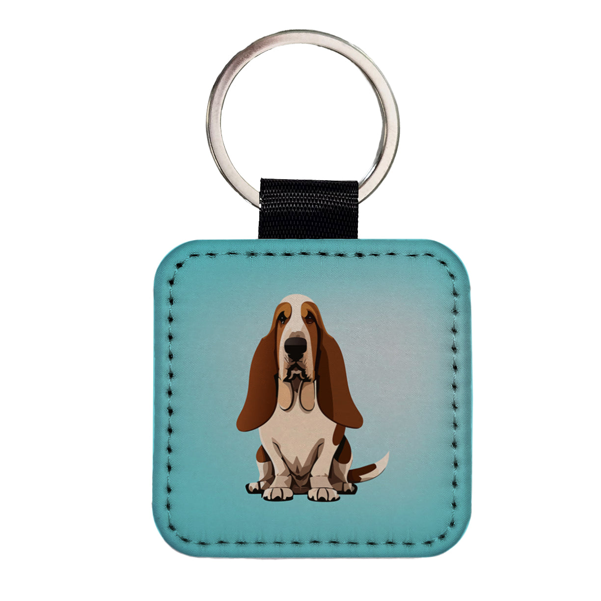 Basset Hound Dog Sitting Square Faux Leather Keychain