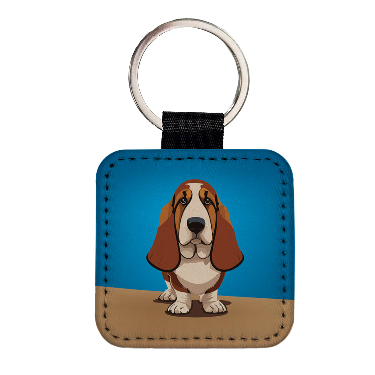 Basset Hound Staring Square Faux Leather Keychain