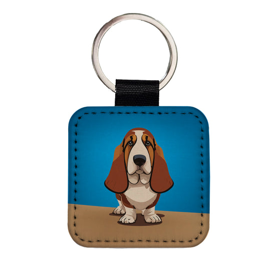 Basset Hound Staring Square Faux Leather Keychain
