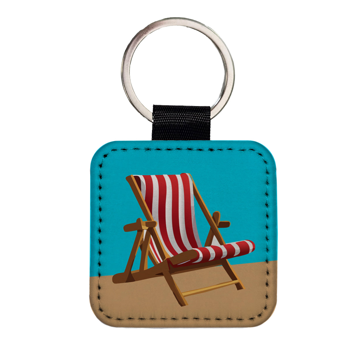 Beach Chair Red White Stripe Vacation Square Faux Leather Keychain