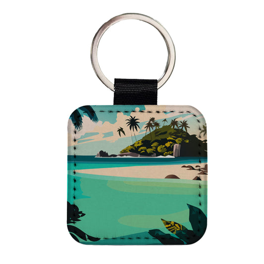 Beach Tropical Island Paradise Vacation Square Faux Leather Keychain