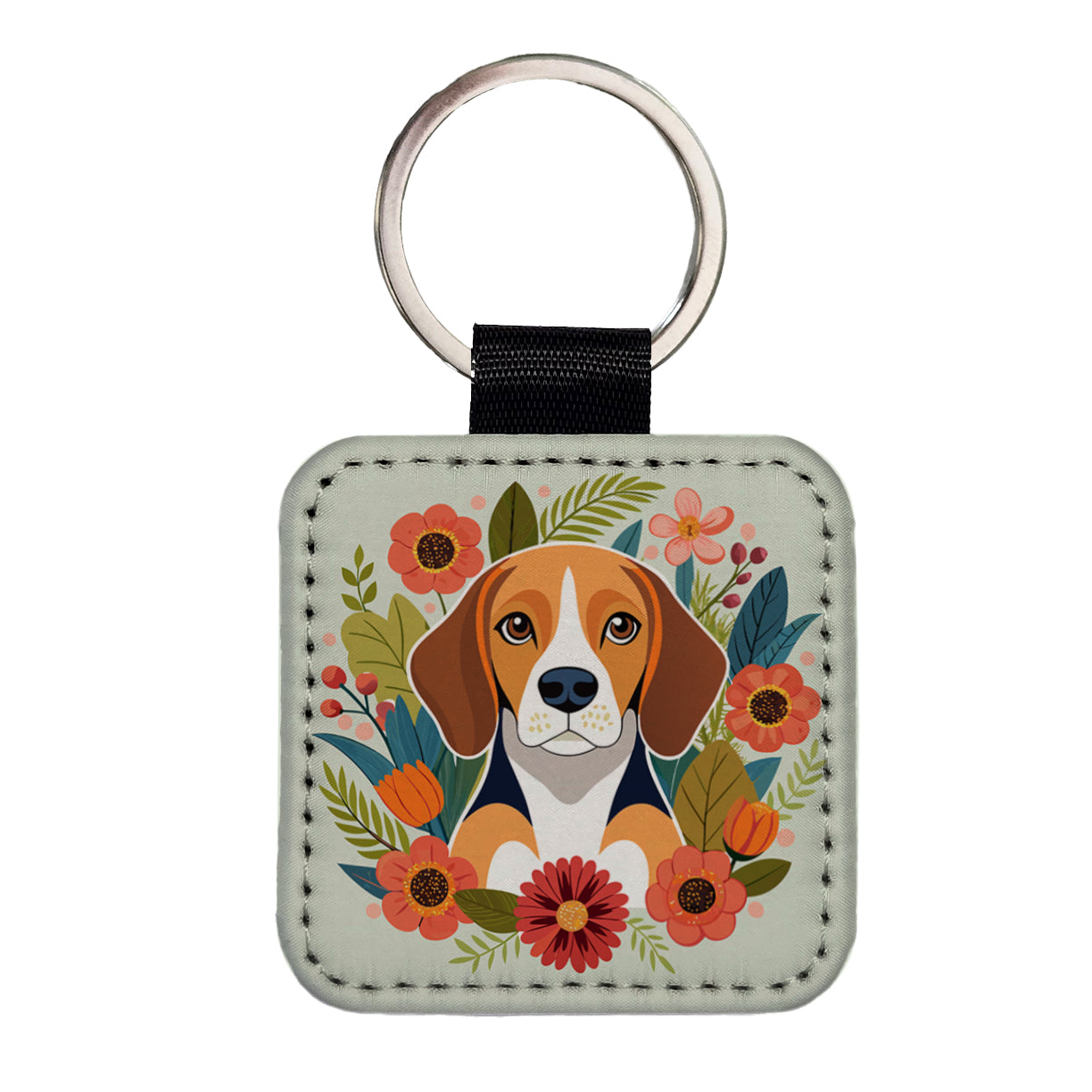 Beagle Dog Floral Flowers Square Faux Leather Keychain