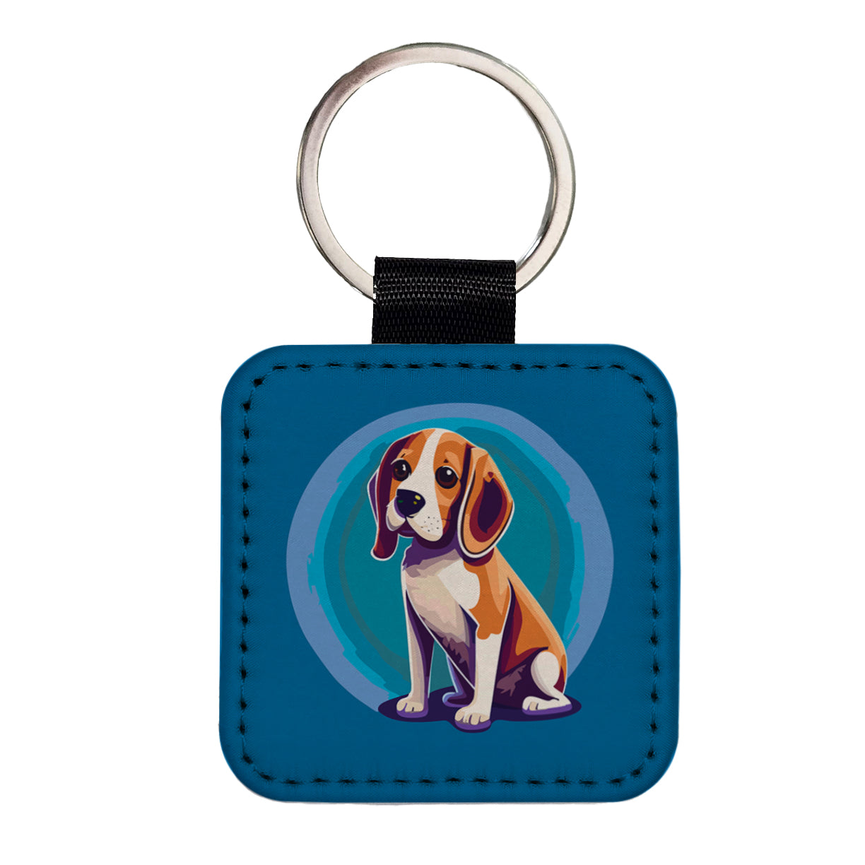 Beagle Dog Sitting Square Faux Leather Keychain
