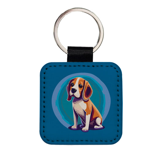 Beagle Dog Sitting Square Faux Leather Keychain
