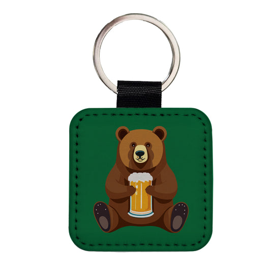 Bear Drinking Beer Sitting Funny Square Faux Leather Keychain