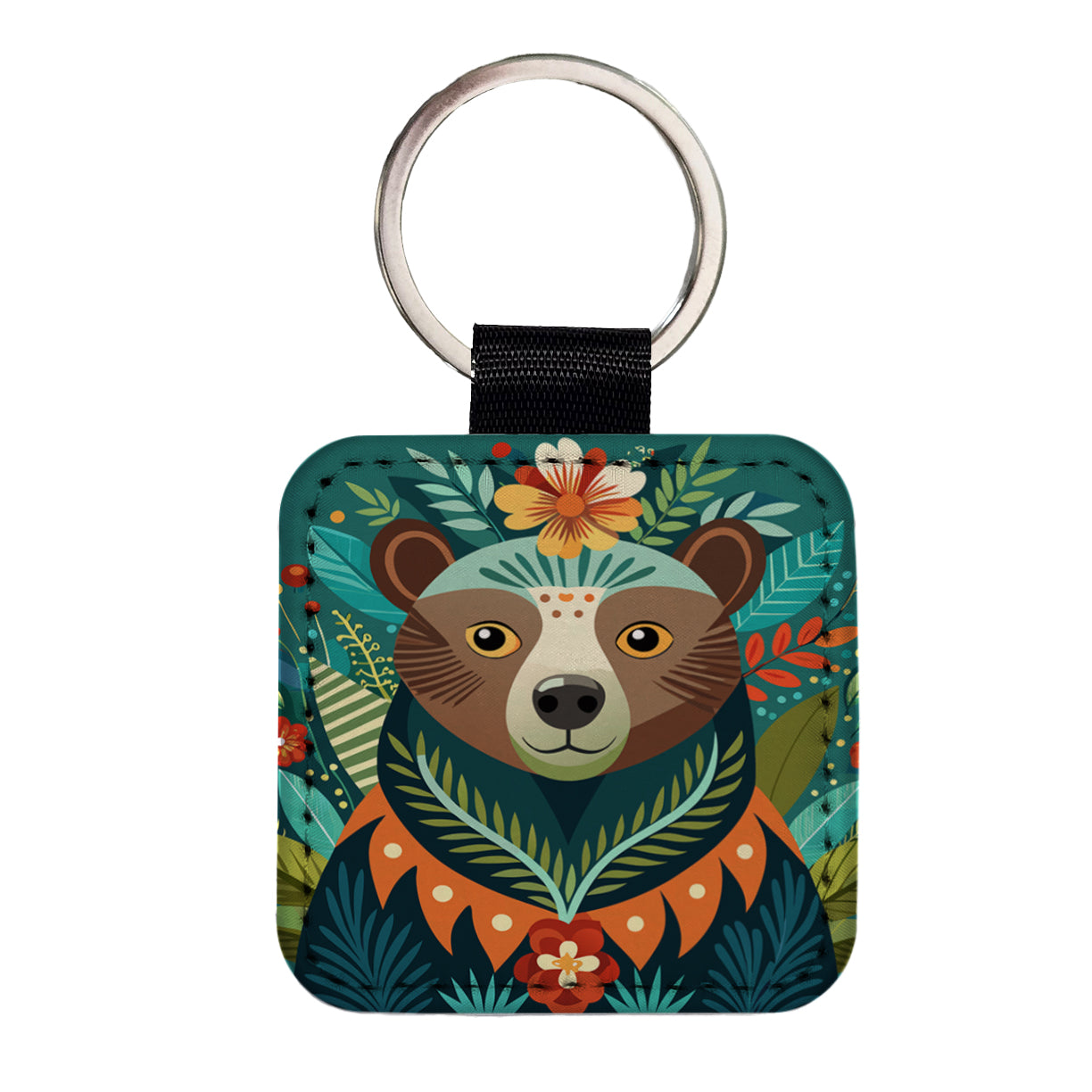 Bear Floral Flowers Square Faux Leather Keychain