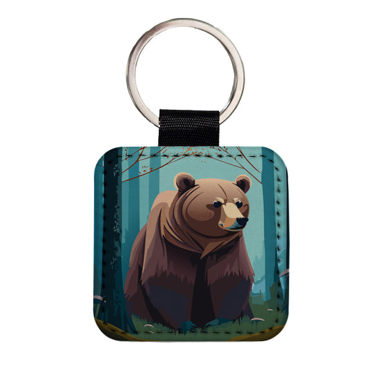 Bear in Forest Woodland Wilderness Square Faux Leather Keychain