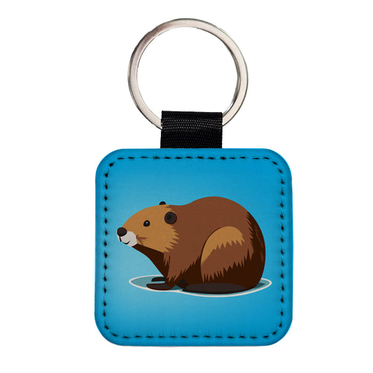 Beaver Cute Profile Square Faux Leather Keychain