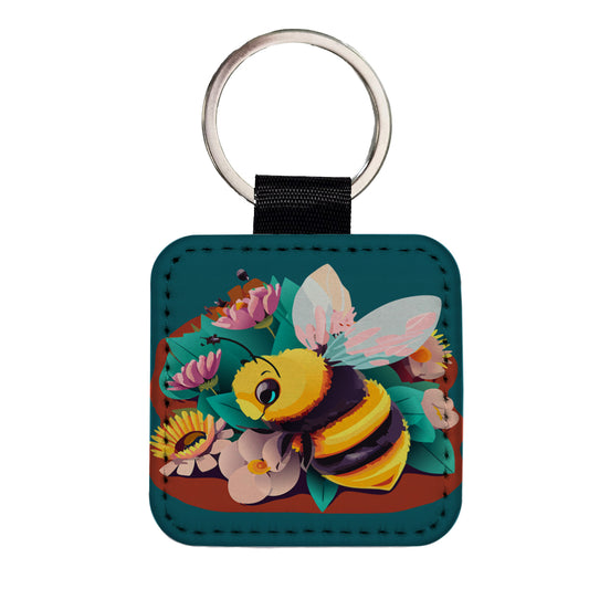 Bee and Flowers Floral Square Faux Leather Keychain