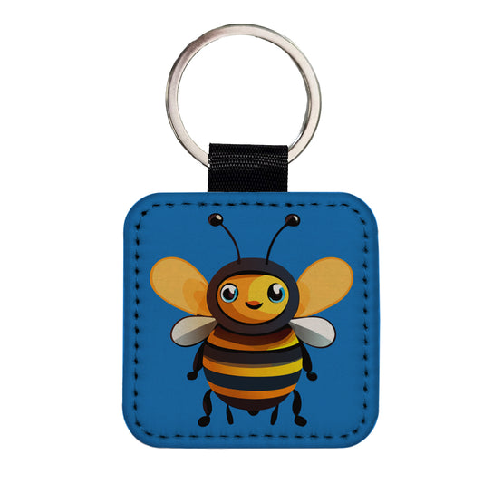 Bee Happy Smiling Square Faux Leather Keychain