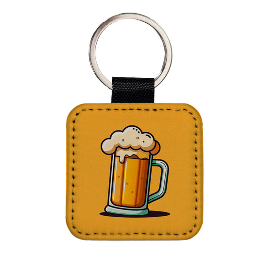 Beer Glass Foaming Stein Square Faux Leather Keychain