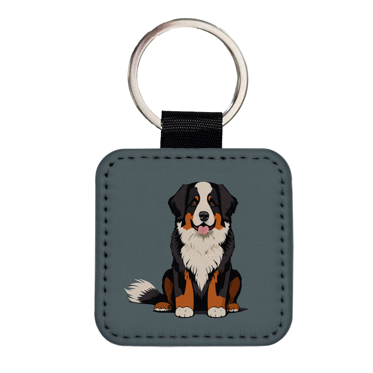 Bernese Mountain Dog Sitting Square Faux Leather Keychain