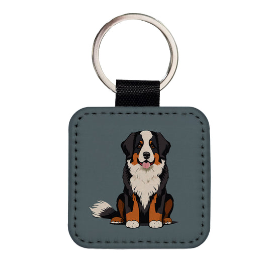 Bernese Mountain Dog Sitting Square Faux Leather Keychain