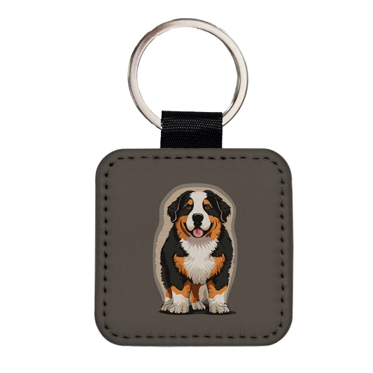Bernese Mountain Dog Standing Square Faux Leather Keychain