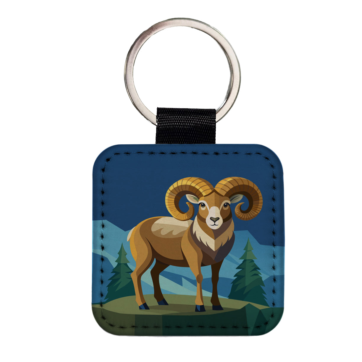 Bighorn Sheep Square Faux Leather Keychain