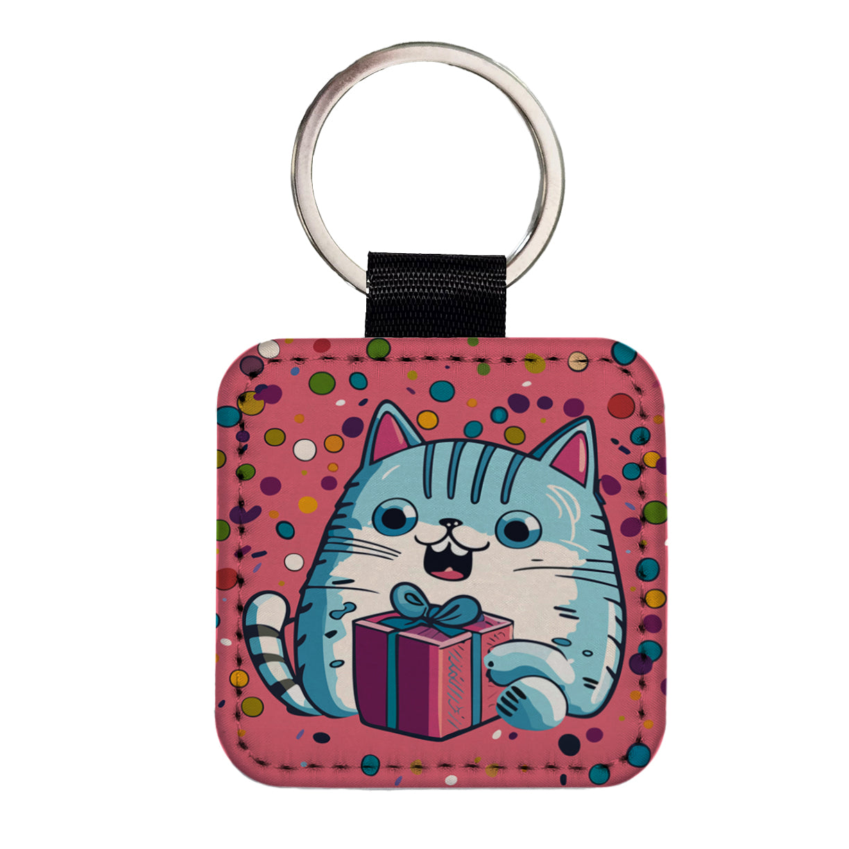 Birthday Cat Blue Funny Square Faux Leather Keychain