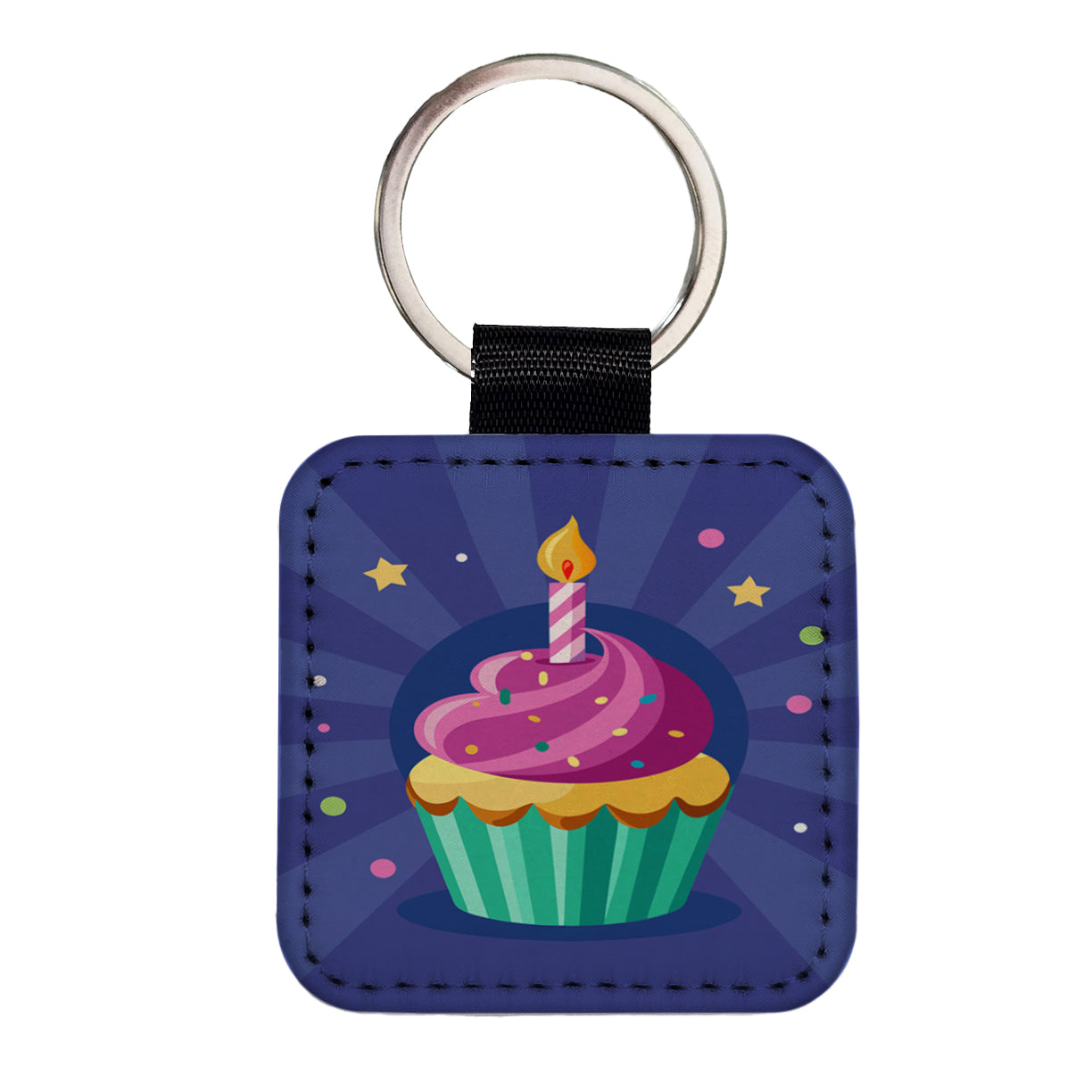 Birthday Cupcake with Candle Square Faux Leather Keychain