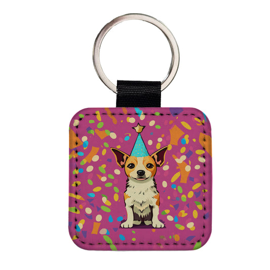 Birthday Dog Confetti Background Square Faux Leather Keychain