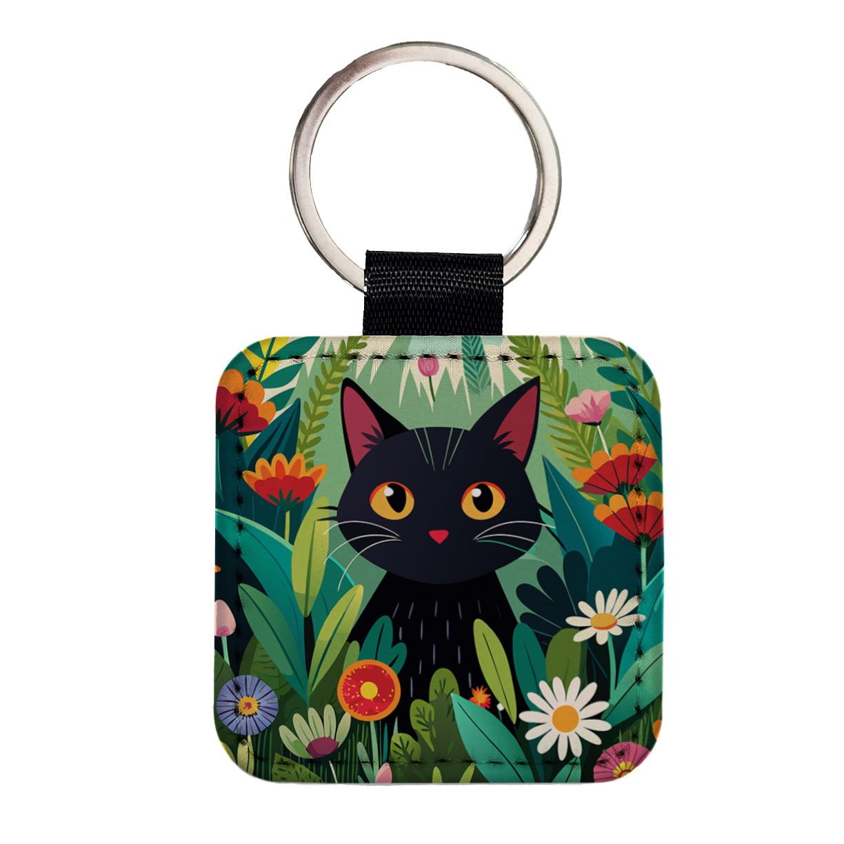 Black Cat Hiding in Flower Garden Square Faux Leather Keychain