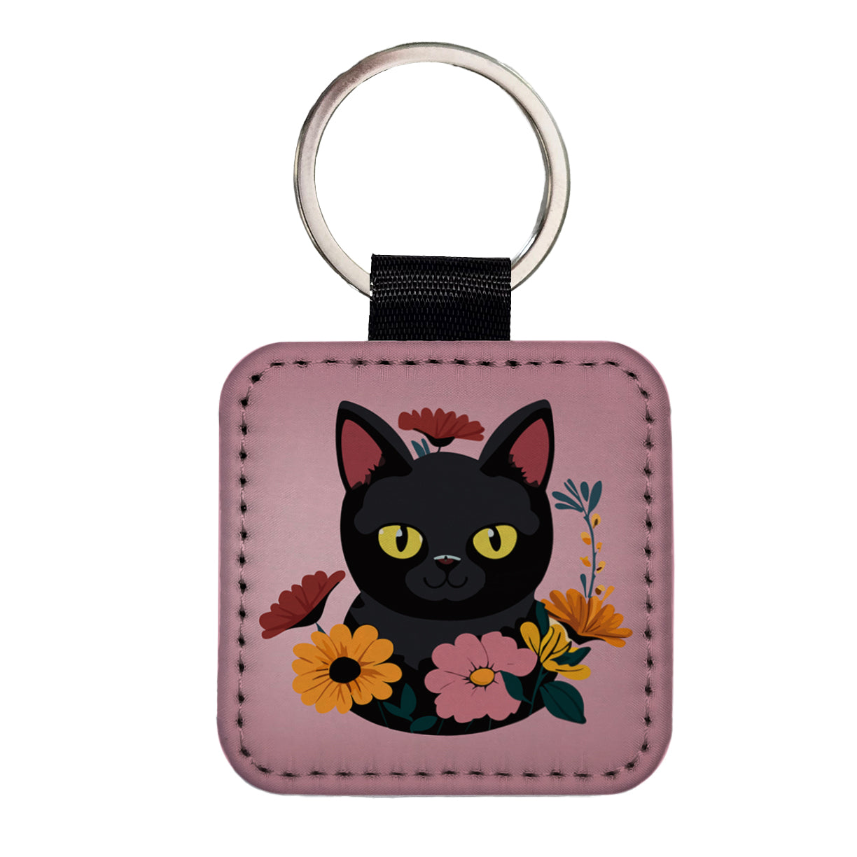 Black Cat in Flowers Square Faux Leather Keychain