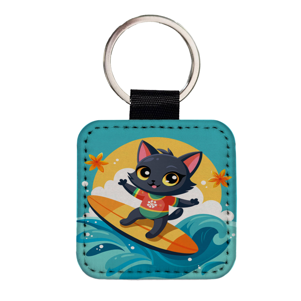 Black Cat Kitty Girl Surfing Square Faux Leather Keychain